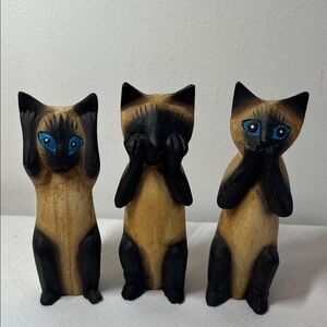 Hear See Speak no Evil. 🐈🐈‍⬛🐈
Handcrafted Wooden Cat Figurines. 
Vintage